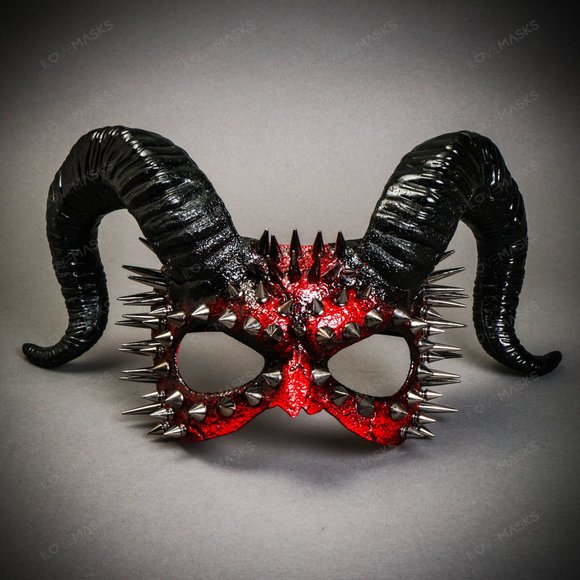 Bloody Red Demon Spikes Devil with Back Twisted Horns Masquerade Eye Mask - Picture 1 of 5